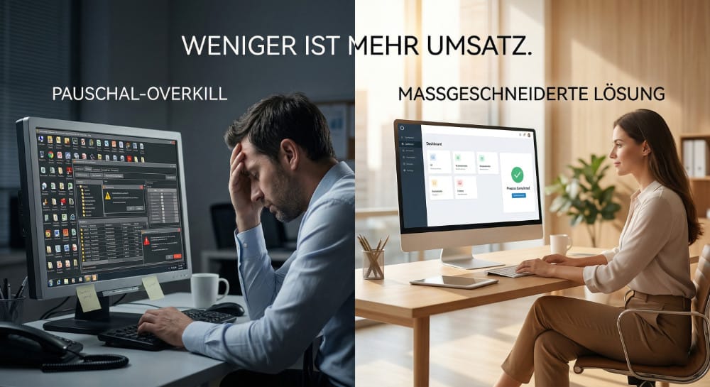Maßgeschneiderte IT vs. Pauschal-Overkill: Warum weniger oft mehr Umsatz bedeutet.